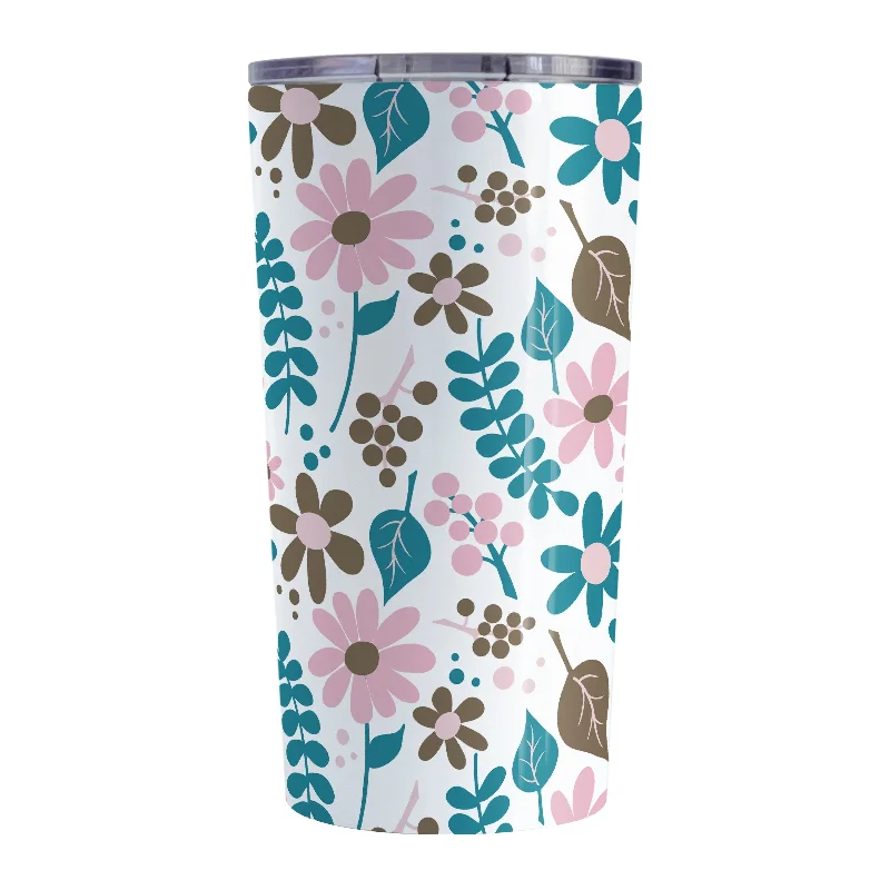 coffee mug with lid -Pink Turquoise Brown Floral Pattern Tumbler Cup