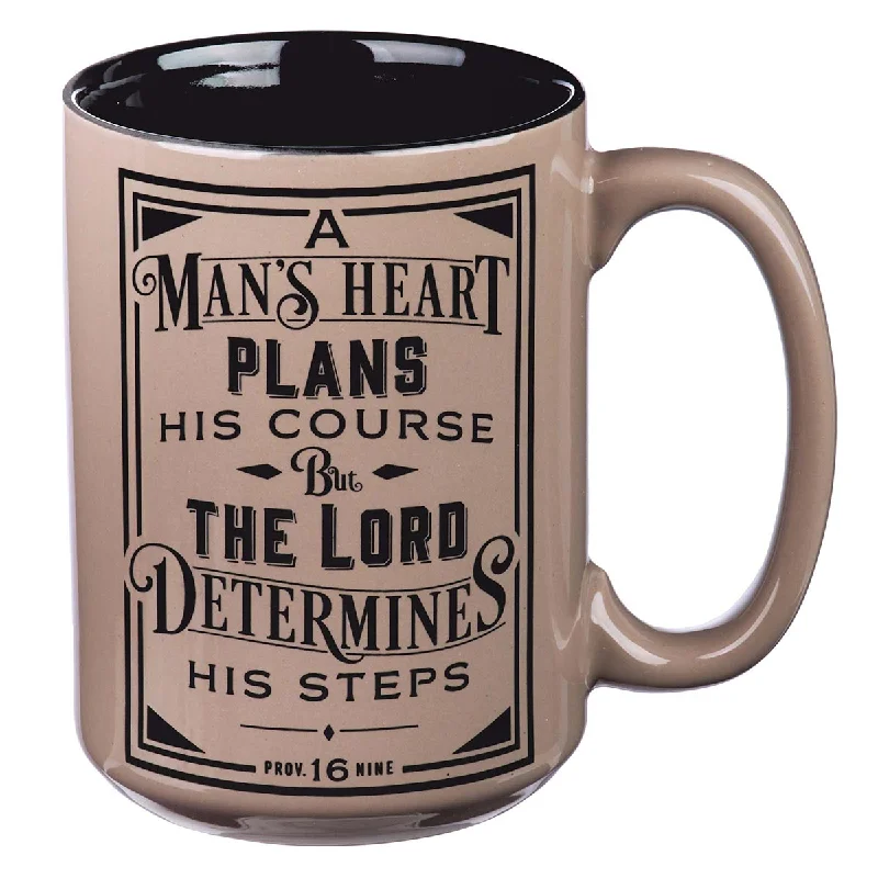 double wall travel mug -A Man's Heart Plans His Course Brown Ceramic Mug - Proverbs 16:9