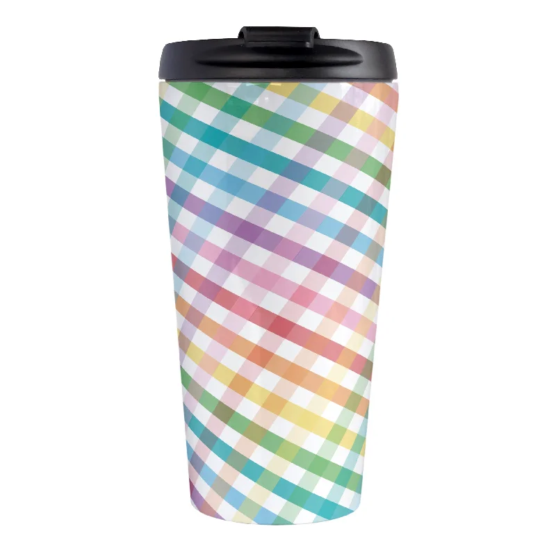 large ceramic coffee mug -Rainbow Gingham Travel Mug