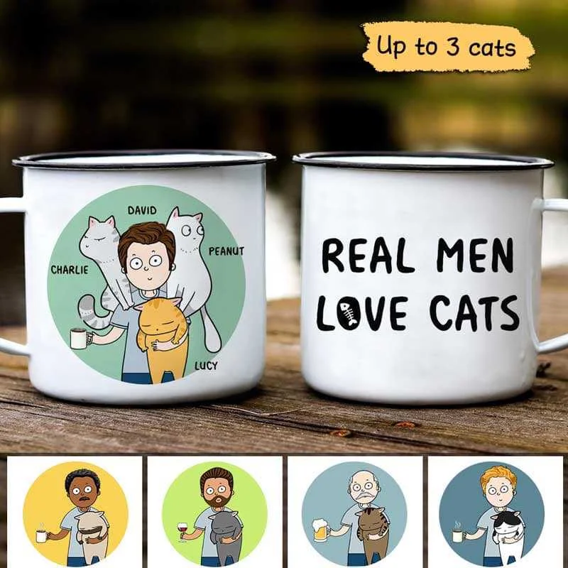 funny office mugs -Real Men Love Cats Chibi Man Personalized Campfire Mug