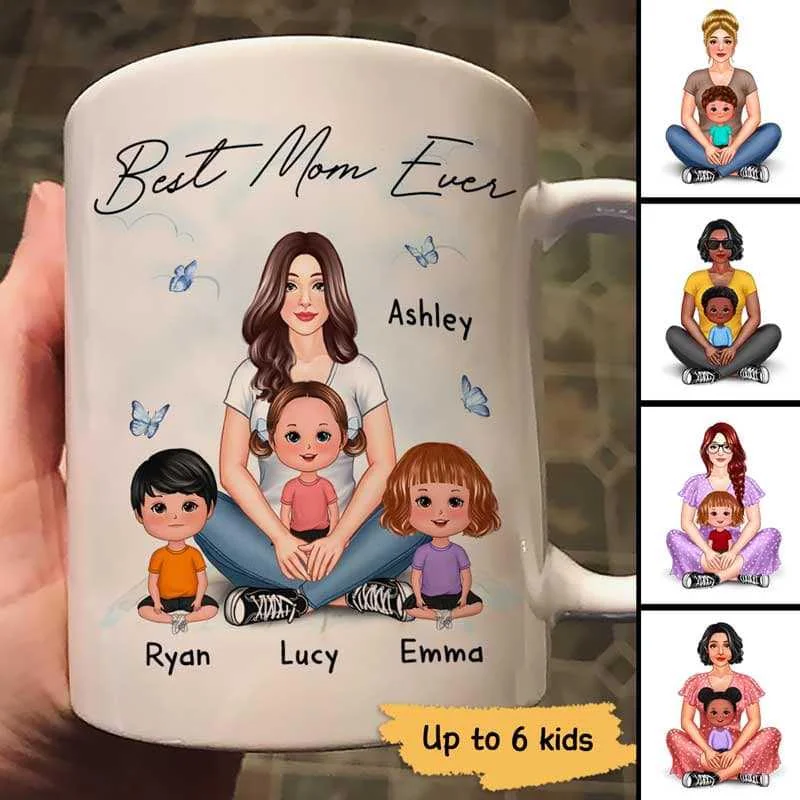 silver travel mug -Woman Sitting With Kids Best Mom Ever Mother's Day Gift Personalized Mug