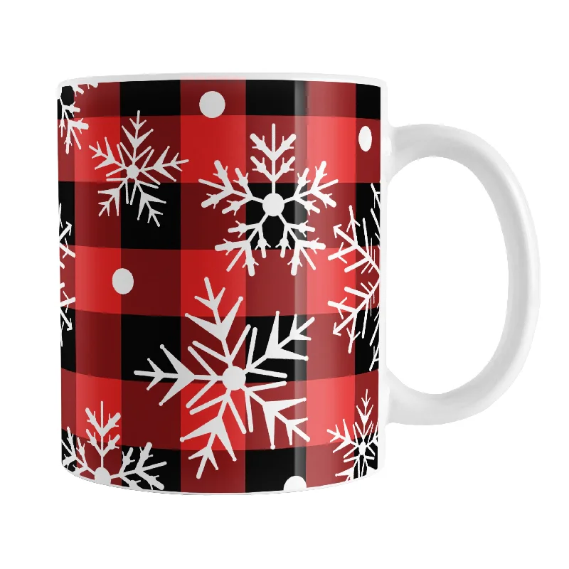 large ceramic coffee mug -Red and Black Buffalo Plaid Snowflake Mug