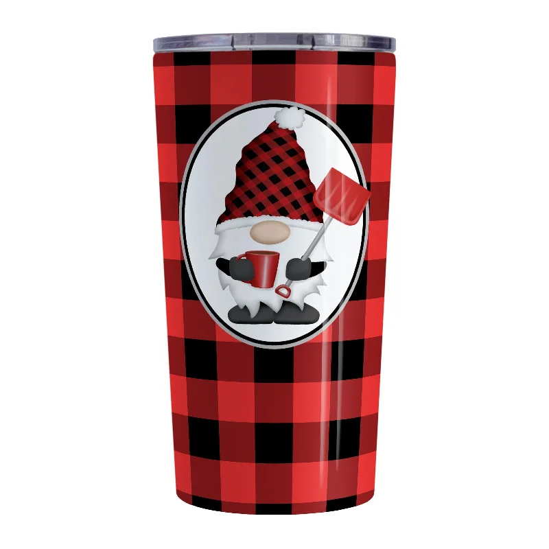 travel coffee mug -Red Gnome Buffalo Plaid Tumbler Cup