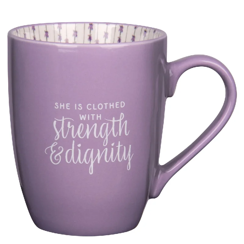 blue tea mug -She Is Clothed with Strength and Dignity Purple Ceramic Mug