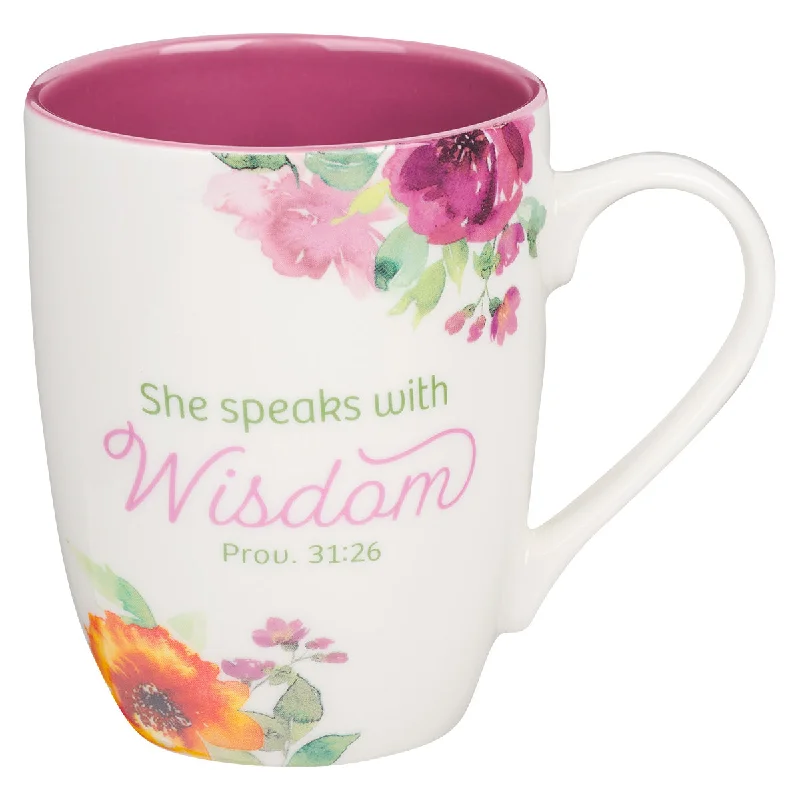 lightweight coffee mug -She Speaks With Wisdom Ceramic Mug With Pink Interior - Proverbs 31:26