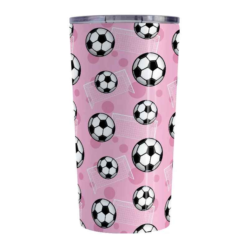 travel coffee mug for commuting -Soccer Ball and Goal Pattern Pink Tumbler Cup