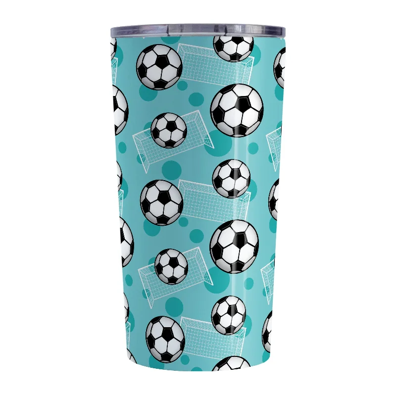 transparent travel coffee cup -Soccer Ball and Goal Pattern Teal Tumbler Cup