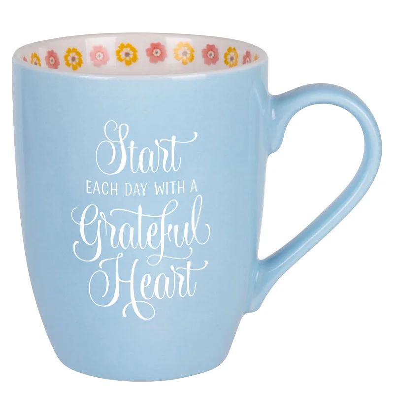 travel mugs for cold beverages -Start Each Day With A Grateful Heart Blue Ceramic Mug