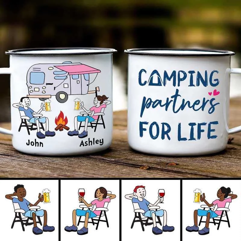 retro tea cup -Stick Figure Camping Partners For Life Personalized Campfire Mug