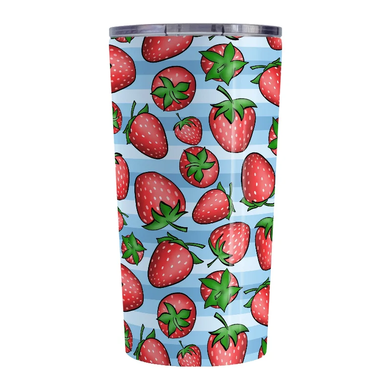 eco-friendly travel mug -Strawberries on Blue Stripes Tumbler Cup