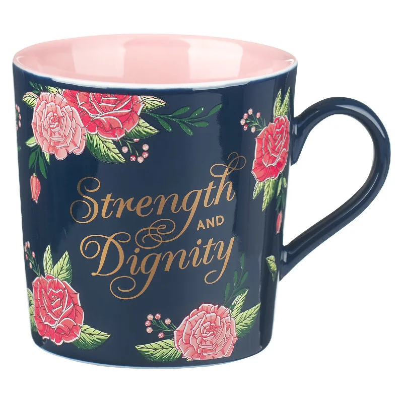 custom printed tea cup -Strength And Dignity Navy And Pink Floral Ceramic Mug - Proverbs 31:25