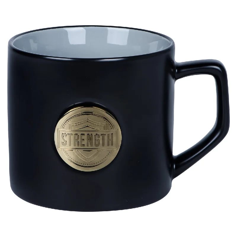 new coffee mug designs -Strength Ceramic Mug With Metal Badge - Psalms 28:7