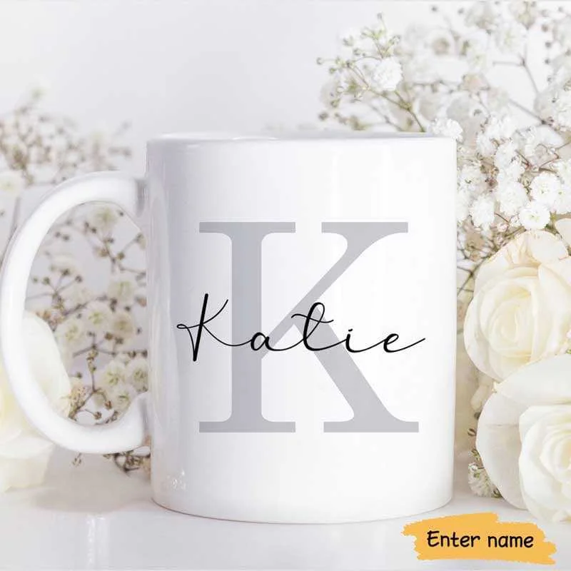 coffee mug with a message -Subtle Initial and Custom Name Birthday Gift For Family Best Friends Personalized Coffee Mug