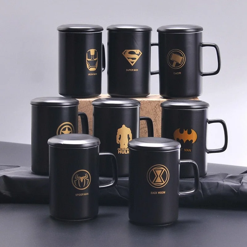 personalized coffee cup -The Avengers Coffee Mug With Spoon And Lids 400ml Superhero Iron Man Captain Hulk Thor Spider-Man Marvel Ceramic Water Cup