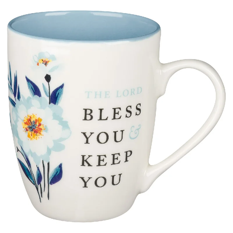 stainless steel travel mug -The Lord Bless You And Keep You Ceramic Mug With Light Blue Interior