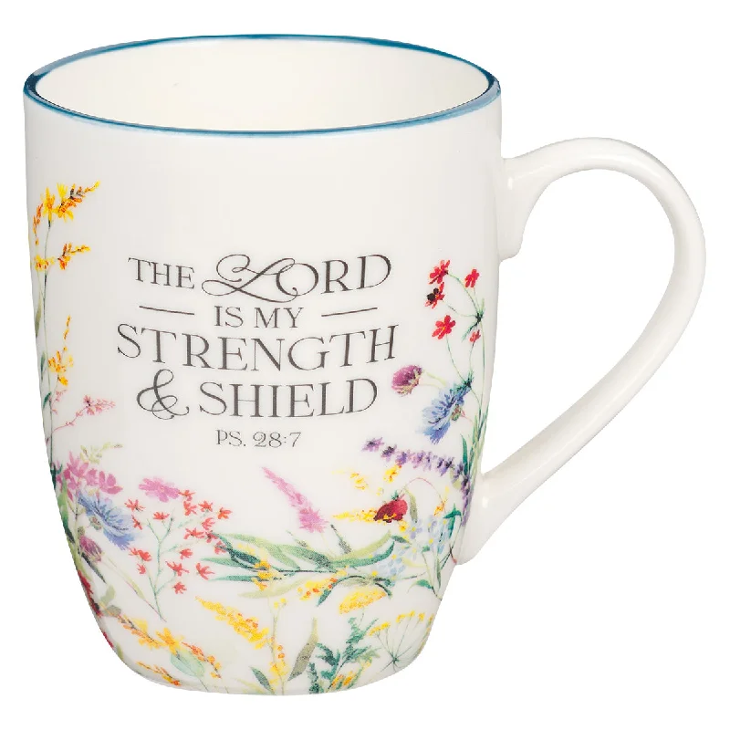 personalized coffee mug -The Lord Is My Strength & Shield Ceramic Mug With Blue Rim - Psalms 28:7