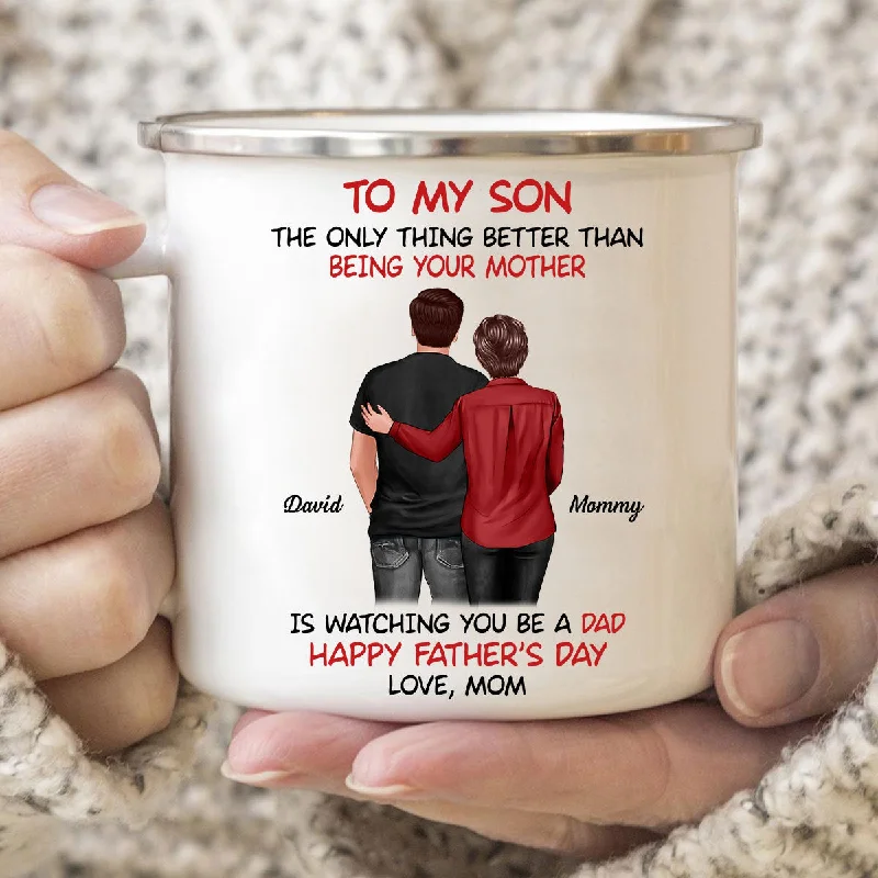 funny coffee cup for work -To My Son From Mom Happy Father‘s Day Back View Personalized Campfire Mug