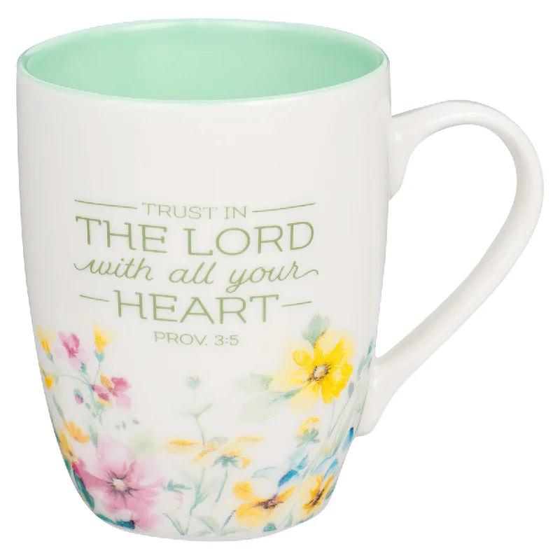 minimalist coffee cup -Trust In The Lord With All Your Heart Floral Ceramic Mug With Green Interior - Prov 3:5-6