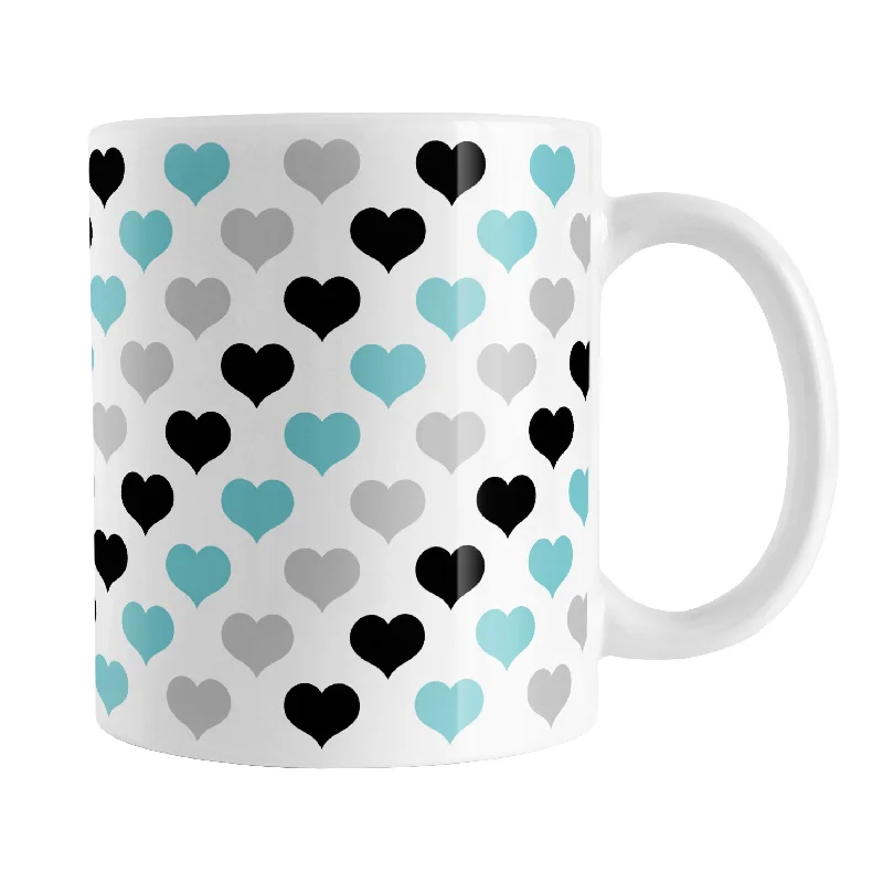 stainless steel coffee mug -Turquoise Black Gray Hearts Pattern Mug