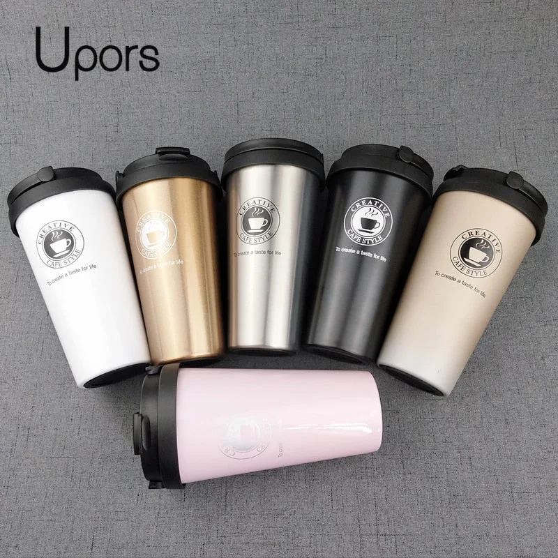 holiday themed coffee mug -UPORS 500ML Coffee Mug Creative 304 Stainless Steel Travel Mug Double Wall Vacuum Insulated Tumbler Wide Mouth Tea Cup with Lid