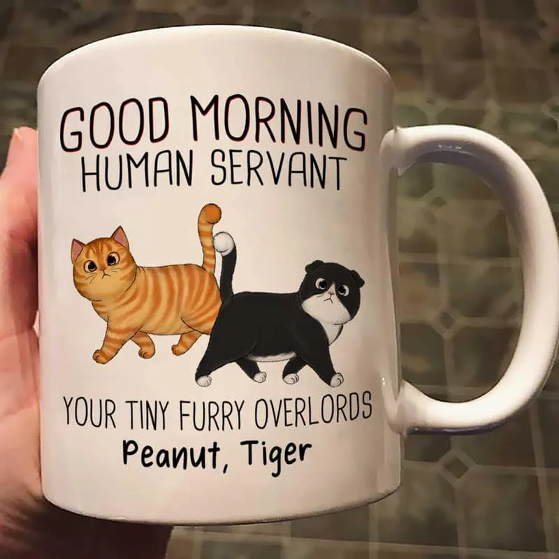 Christmas coffee mug -Walking Fluffy Cats Good Morning Cat Human Servant Personalized Mug