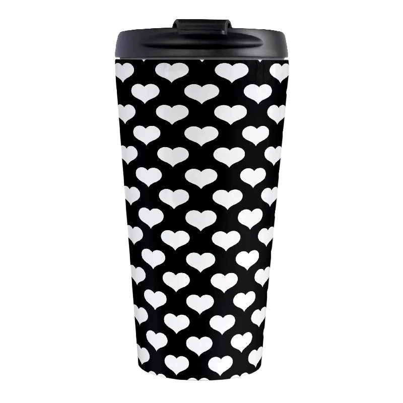 large travel cup for hot drinks -White Hearts Pattern Black Travel Mug