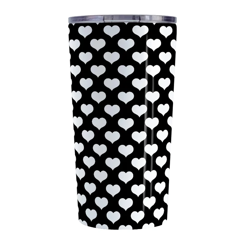 travel coffee cup -White Hearts Pattern Black Tumbler Cup