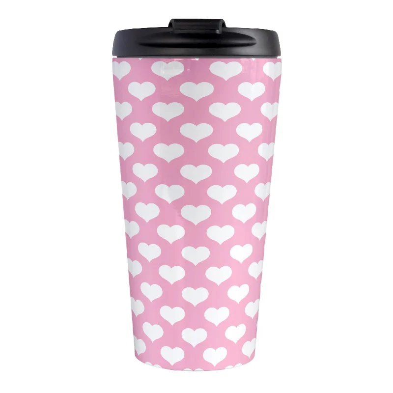 transparent travel coffee cup -White Hearts Pattern Pink Travel Mug