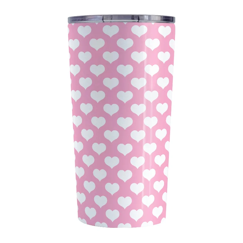 travel coffee mug with handle -White Hearts Pattern Pink Tumbler Cup