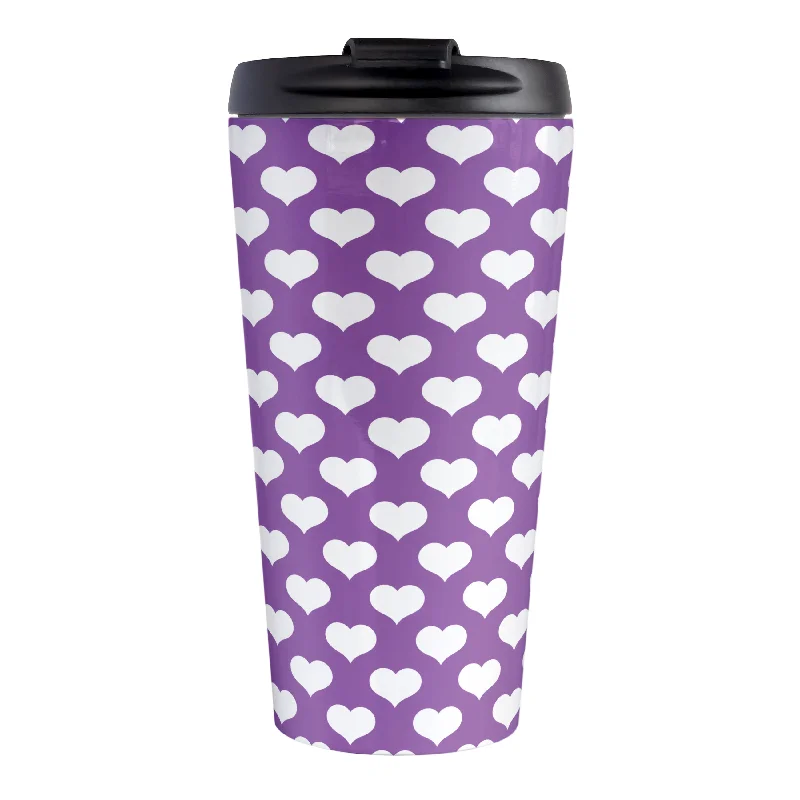 eco-friendly coffee mug -White Hearts Pattern Purple Travel Mug