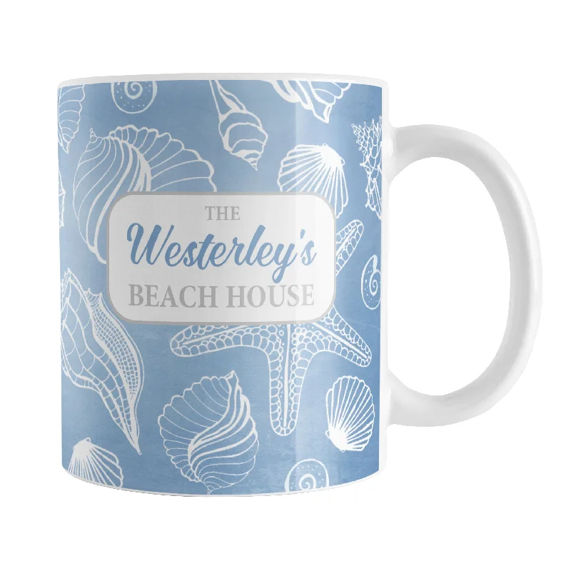 insulated mugs for camping -Personalized White Seashell Pattern Blue Beach Mug