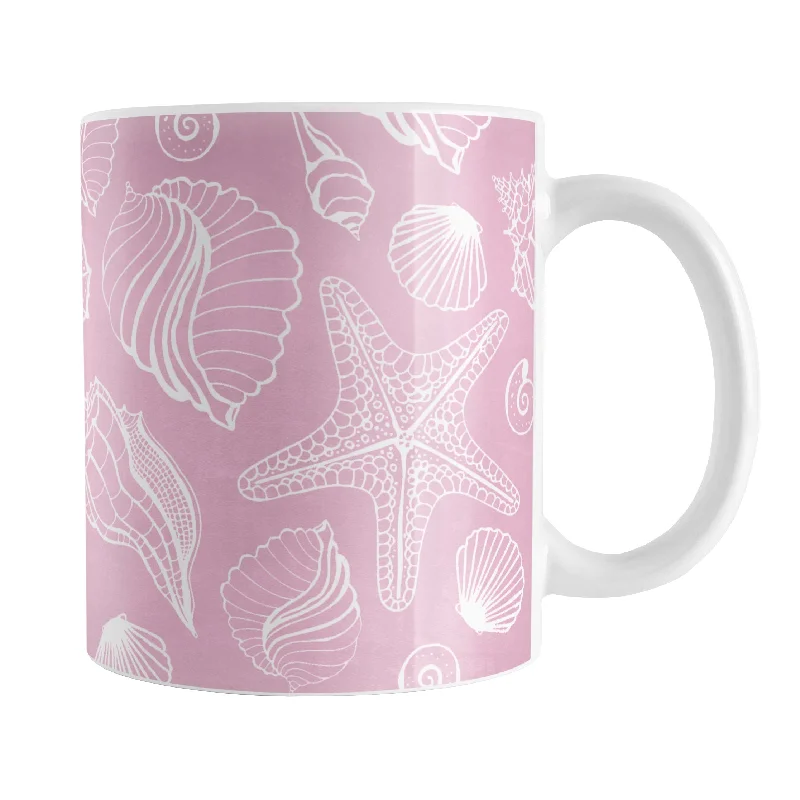 coffee mug for home office -White Seashell Pattern Pink Beach Mug