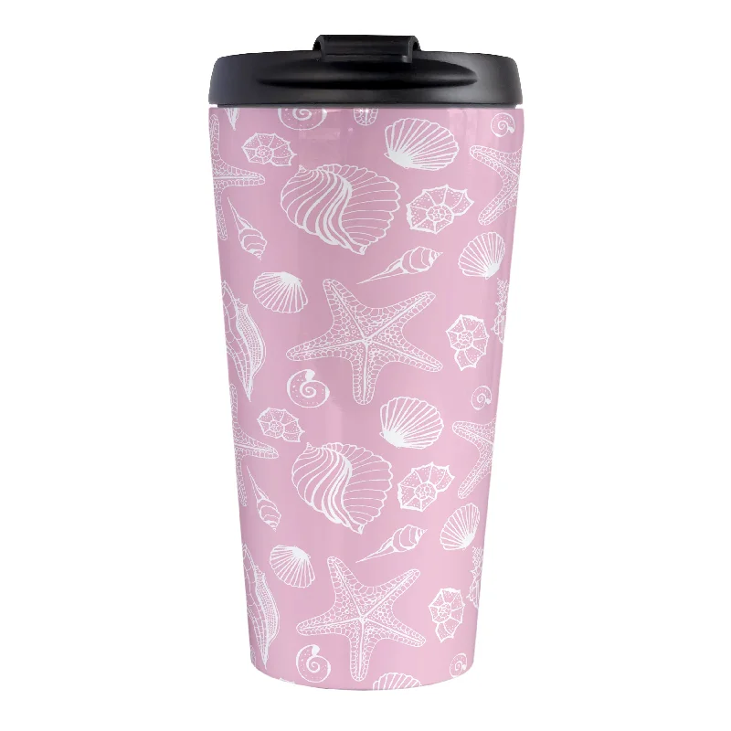 coffee mug with graphics -White Seashell Pattern Pink Beach Travel Mug