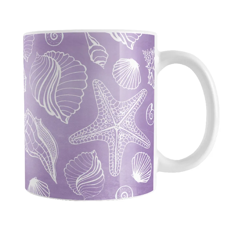 custom coffee mug -White Seashell Pattern Purple Beach Mug