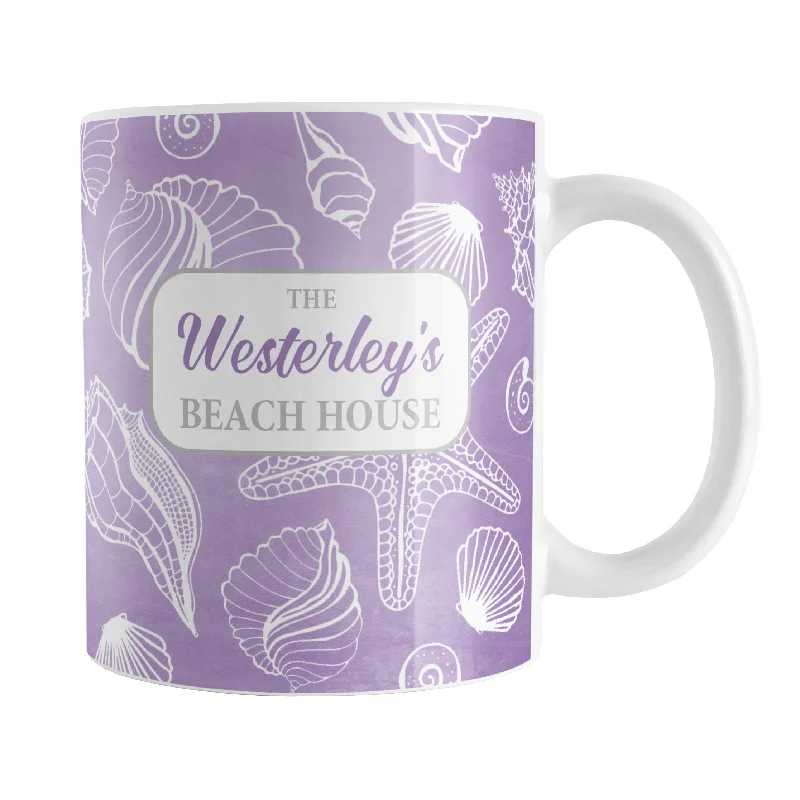 funny ceramic coffee mug -Personalized White Seashell Pattern Purple Beach Mug