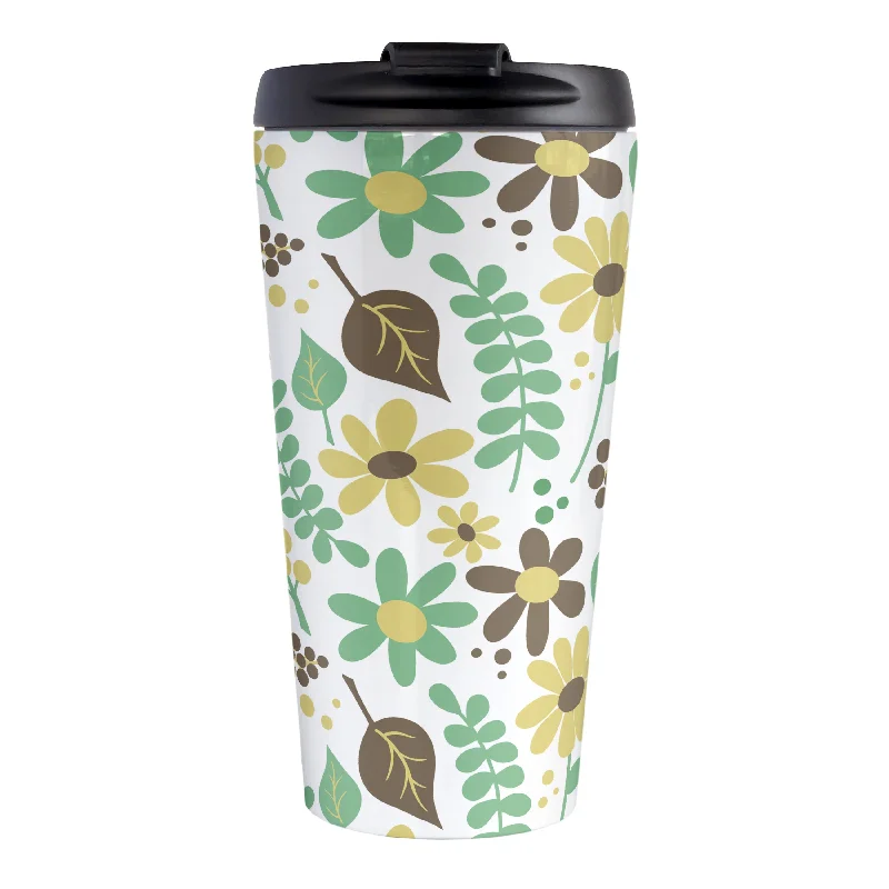 large thermal coffee mug -Yellow Green Brown Floral Pattern Travel Mug