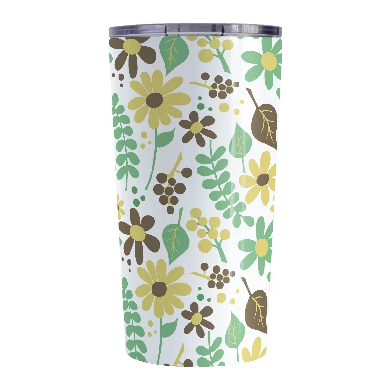 glass coffee mug -Yellow Green Brown Floral Pattern Tumbler Cup