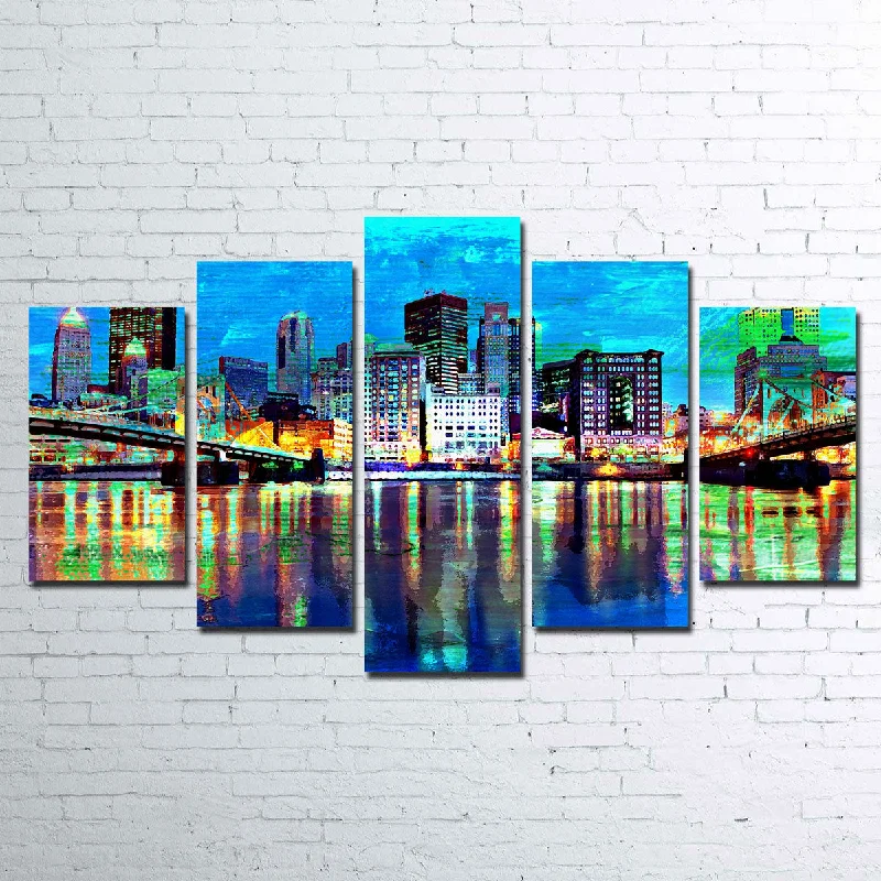 retro tropical nature-inspired wall art-Abstract Pittsburgh At Night Canvas Set