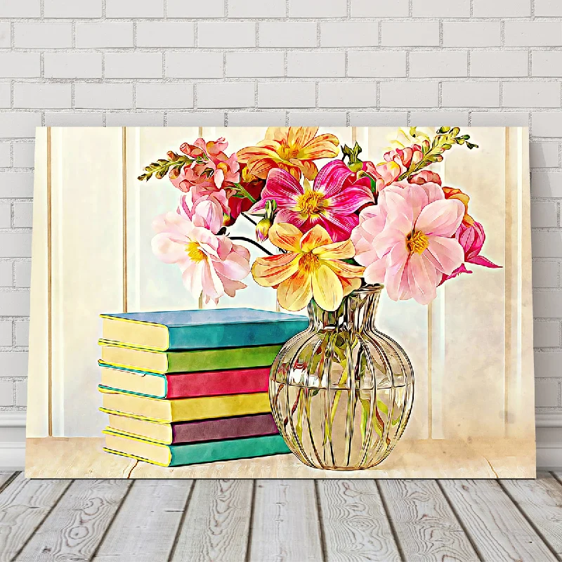 luxury decorative abstract paintings-Dahlias and Colorful Books