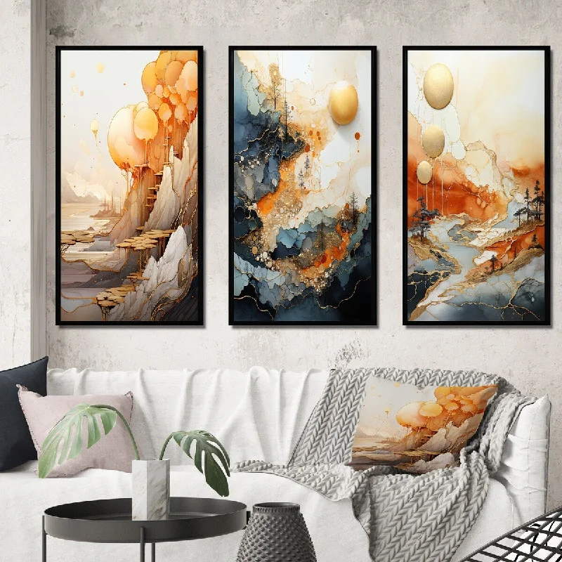 geometric abstract beach paintings-Designart "Abstract Full Moon Moutain Landscape I" Abstract Landscape Framed Wall Art Set Of 3 - Modern For Office Decor