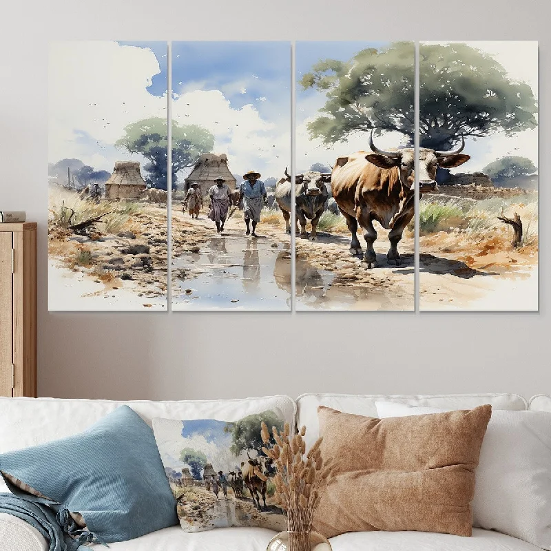 creative large geometric nature paintings-Designart "Africa Dinka Cattle Camp III" African Tribal Extra Large Canvas Set Of 4 - Oversized Global Wall Art