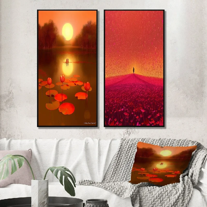 large tropical beach canvas paintings-Designart "Asian Lotus Pond Serenity Full Moon Reflections" Asian Art Wall Art Décor Gallery Wall Set For Home Decor