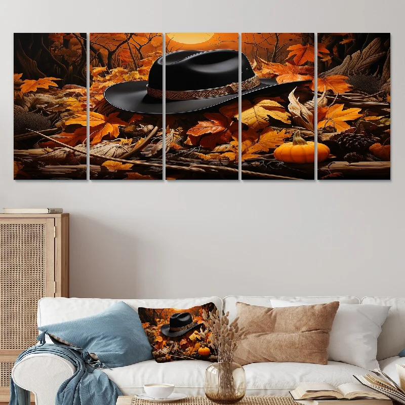 modern geometric coastal art-Designart "Autumn Cowboy Hat II" Orange Cowboys Set Of 5 - Mid-Century Oversized Wall Decor Art For Living Room