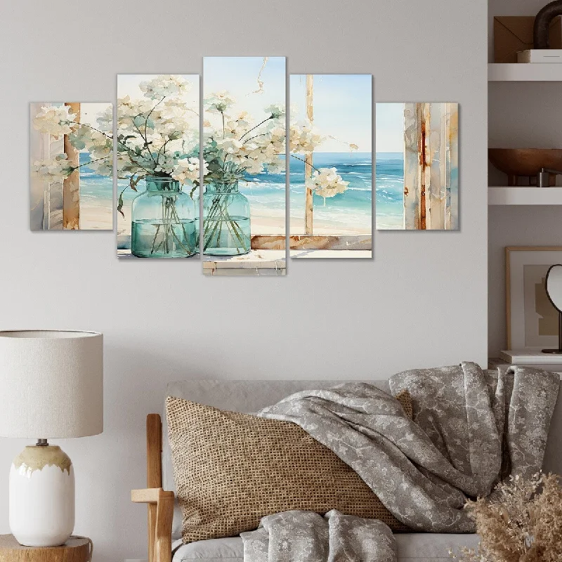 hand-painted tropical cityscape paintings-Designart "Blue Window Beachfront View Blooms I" Coastal Windows Set Of 5 Coastal Oversized Wall Decor For Living Room