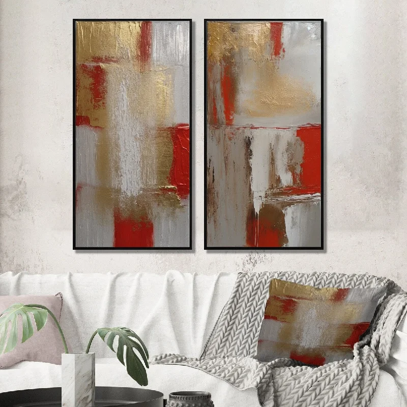 geometric abstract nature canvas paintings-Designart "Cardinal Sin Retro Delight Abstract Red & Gold III" Abstract Painting Framed Gallery Set For Office Decor