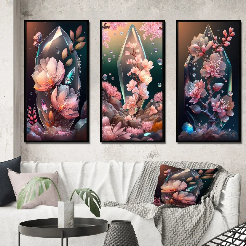 vintage floral abstract paintings-Designart "Cherry Blossums" Floral Cherry Framed Wall Art Set Of 3 - Traditional Frame Gallery Wall Set For Home Decor