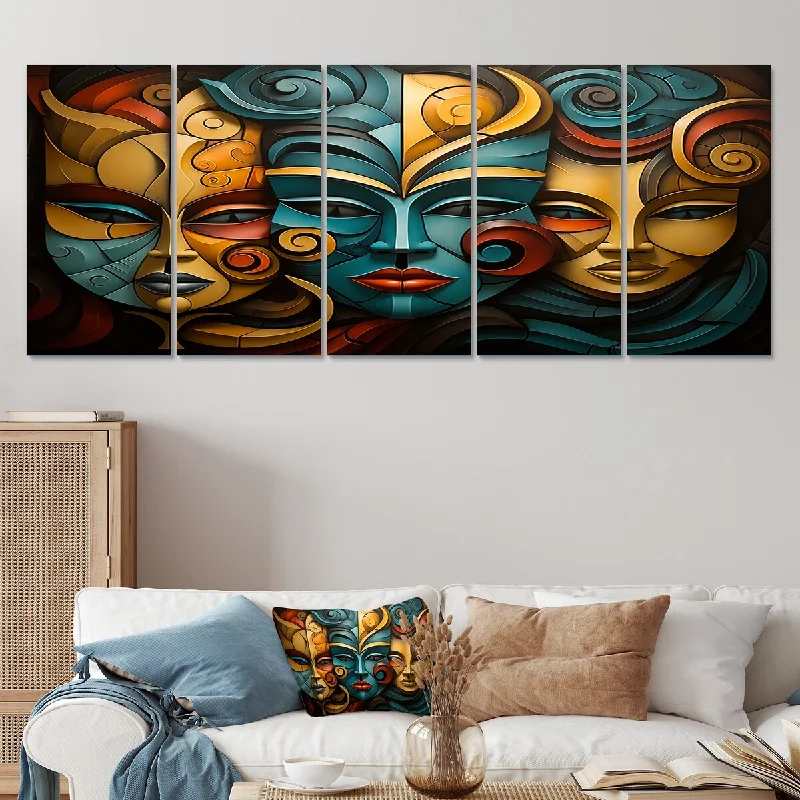 tropical cityscape wall canvas paintings-Designart "China Yellow And Blue Opera Masks III" China Art Set Of 5 - Global Oversized Canvas Art For Bedroom Decor