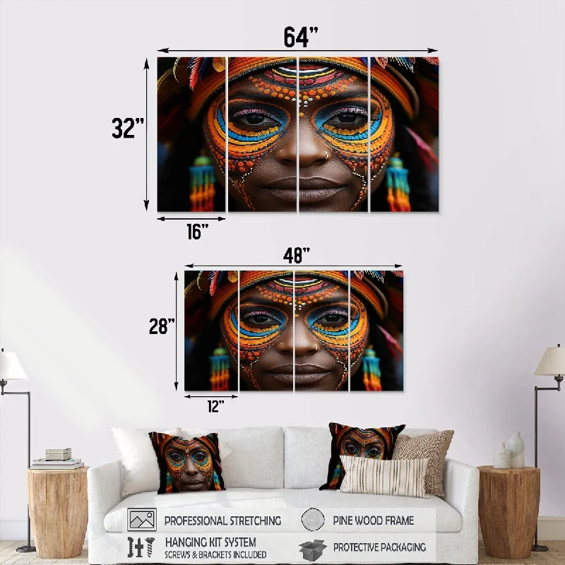 oversized modern floral paintings-Designart "Colorful African Mursi Tradition Portrait" African Tribal Canvas Set Of 4 - Oversized Global Wall Art