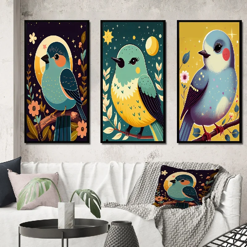 scenic nature floral canvas paintings-Designart "Cute Blue Cartoon Bird Sitting On A Branch I" Animals Bird Frame Gallery Wall Set Of 3 For Home Decor