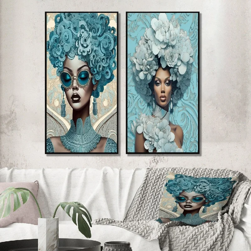 bold nature-inspired wall art-Designart "Elegant Blue Fashion African Goddess Grace III" African American Woman Framed Wall Art For Office Decor